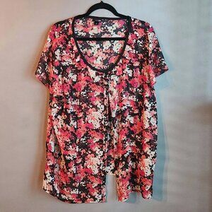 3X Pink and Floral Sheer Button Down Blouse